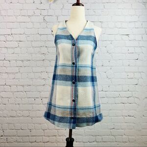 Vintage 60s Handmade Blue Flannel Wool Plaid Button Front Vest